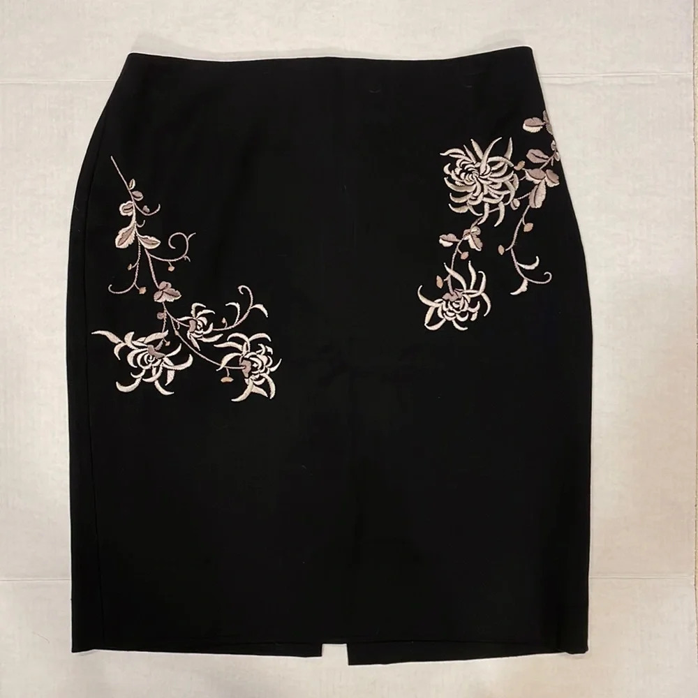 LOFT Black Pencil Skirt with Pink Floral Embroidery